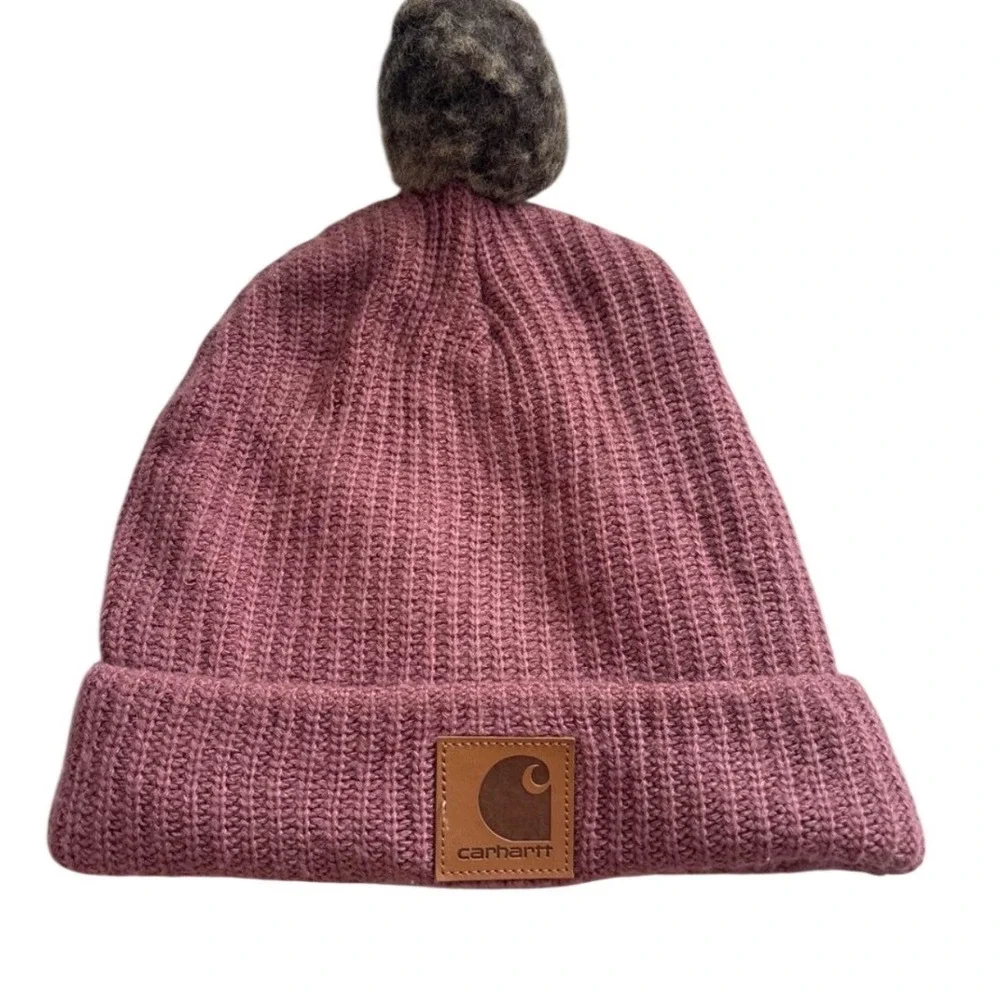 Carhartt Womens Mauve Ribbed Knit Beanie Leopard Animal Print Pom Pom Logo Hat